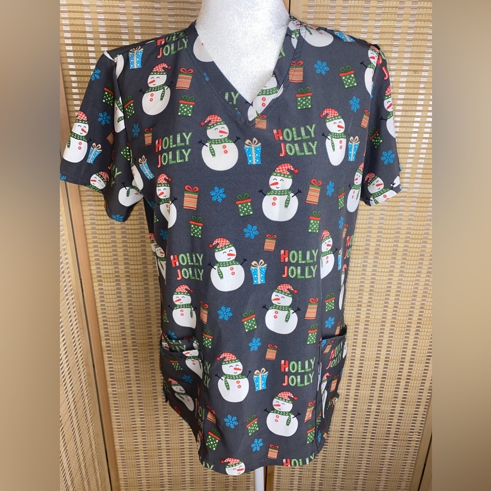 Scrubaid Holly Jolly Snowman Scrub Top Size Large NWT